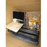 Box containing cased cutlery sets and loose cutlery