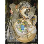 Box containing silver plated pheasants, ornamental posie, ashtray, decanter, silver plate and