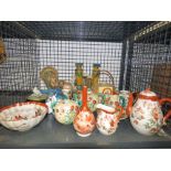 Cage containing oriental ceramics plus candlesticks, wall plaque and a mirror