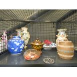 Cage containing a blue and white ginger jar, Oriental ceramics, tobacco jar and general china