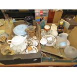 2 Boxes containing Hillstonia pottery, Wedgwood teapot, wine glasses, loose cutlery, Indian tree-