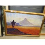 Oil on canvas, African figure with plane and hills in background