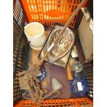 Box of chimney jack, ale mug, glassware and a silver plated dish