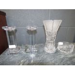 Pair of glass candlesticks, vase and bowl