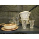 Cage containing crystal vases, quiche dish plus a cream glazed pottery bowl