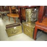 Two brass coal bins plus a magazine rack