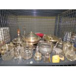 Cage containing cased cutlery sets plus silver plated teapots, egg cups, salt and pepper set,