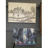 Holographic New York wall hanging plus print of house with marina in background