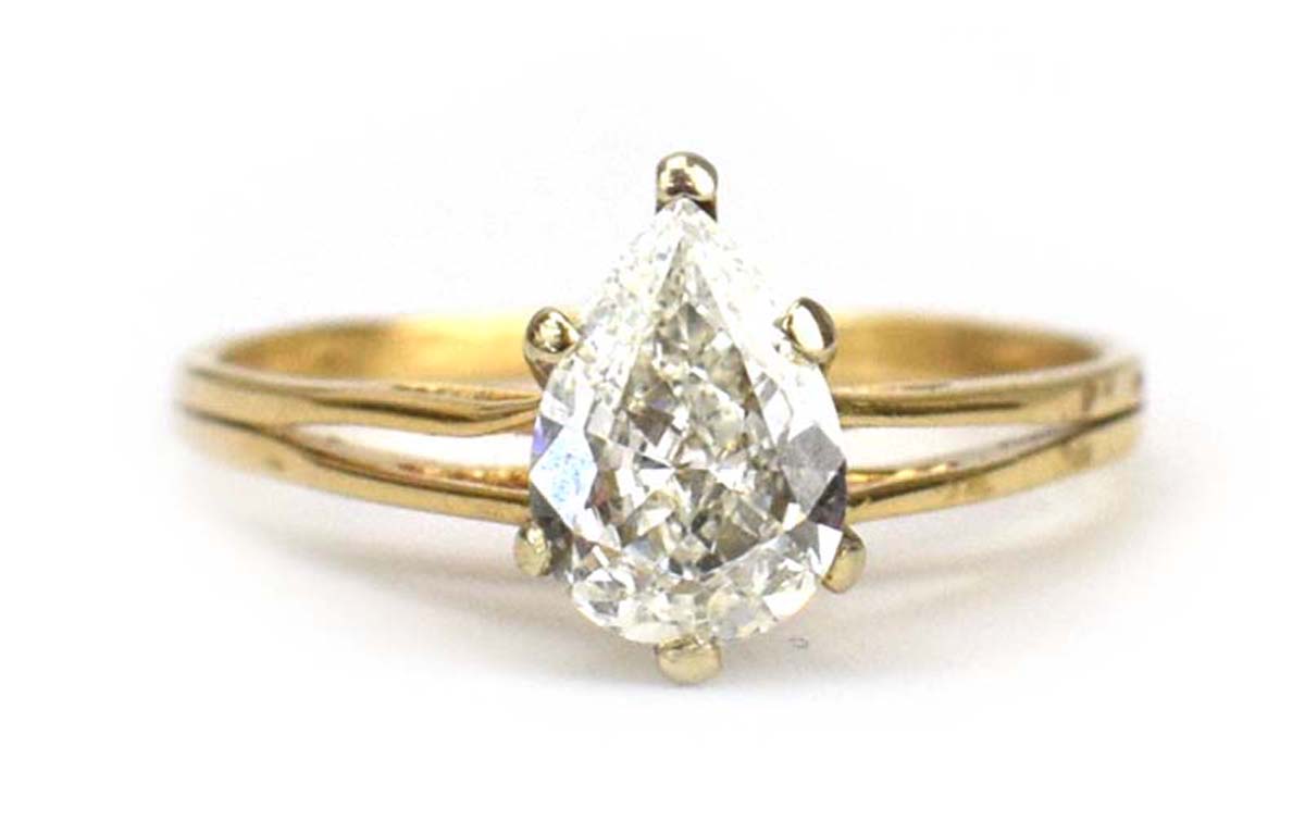 A 14ct yellow gold ring set teardrop diamond in a six claw setting within a split band shank, - Image 3 of 7