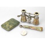 A pair of mother-of-pearl and chromed opera glasses together with a shagreen-type cigarette case