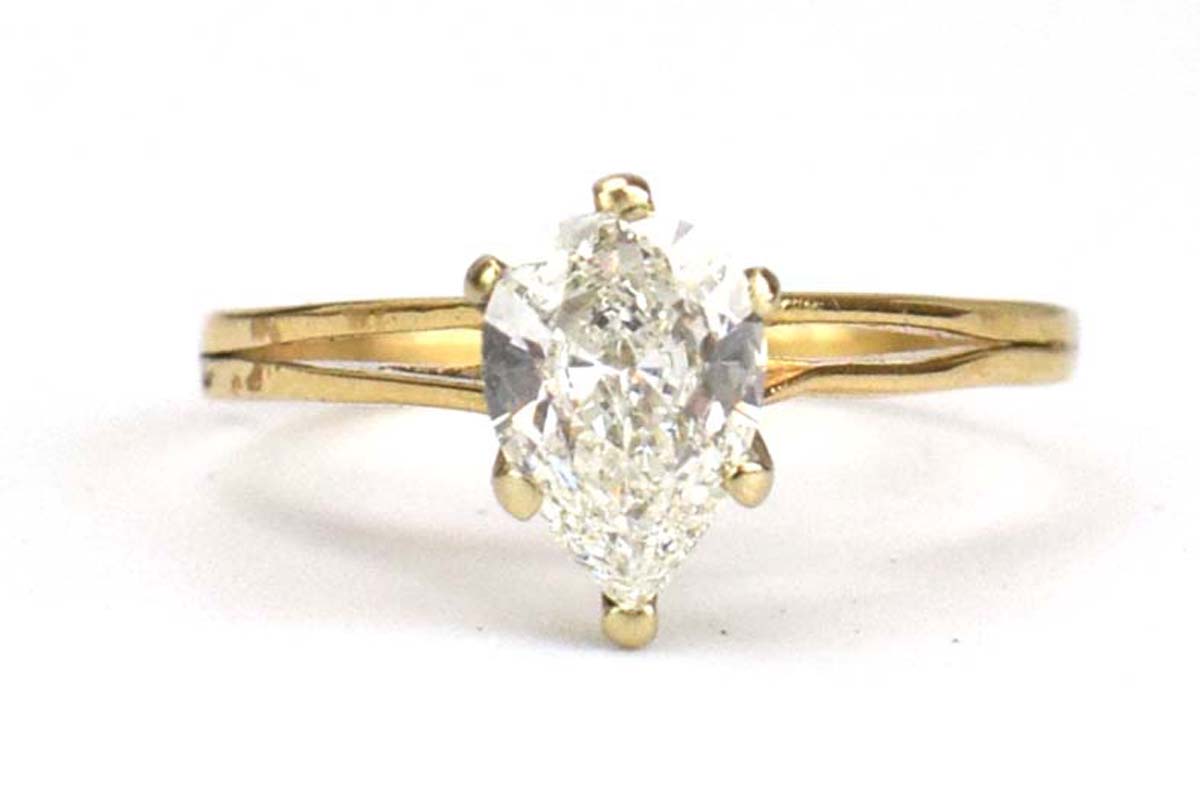 A 14ct yellow gold ring set teardrop diamond in a six claw setting within a split band shank, - Image 2 of 7