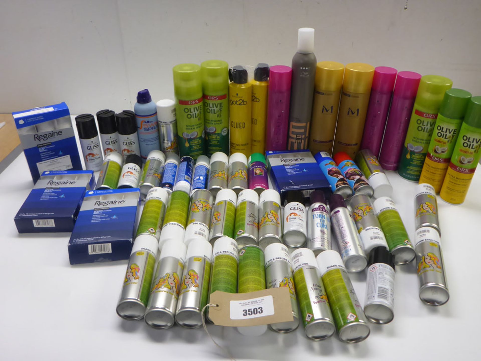 Hair products including Regaine treatments, hair spray, shine tonic, Blasting freeze, Oil sheen,