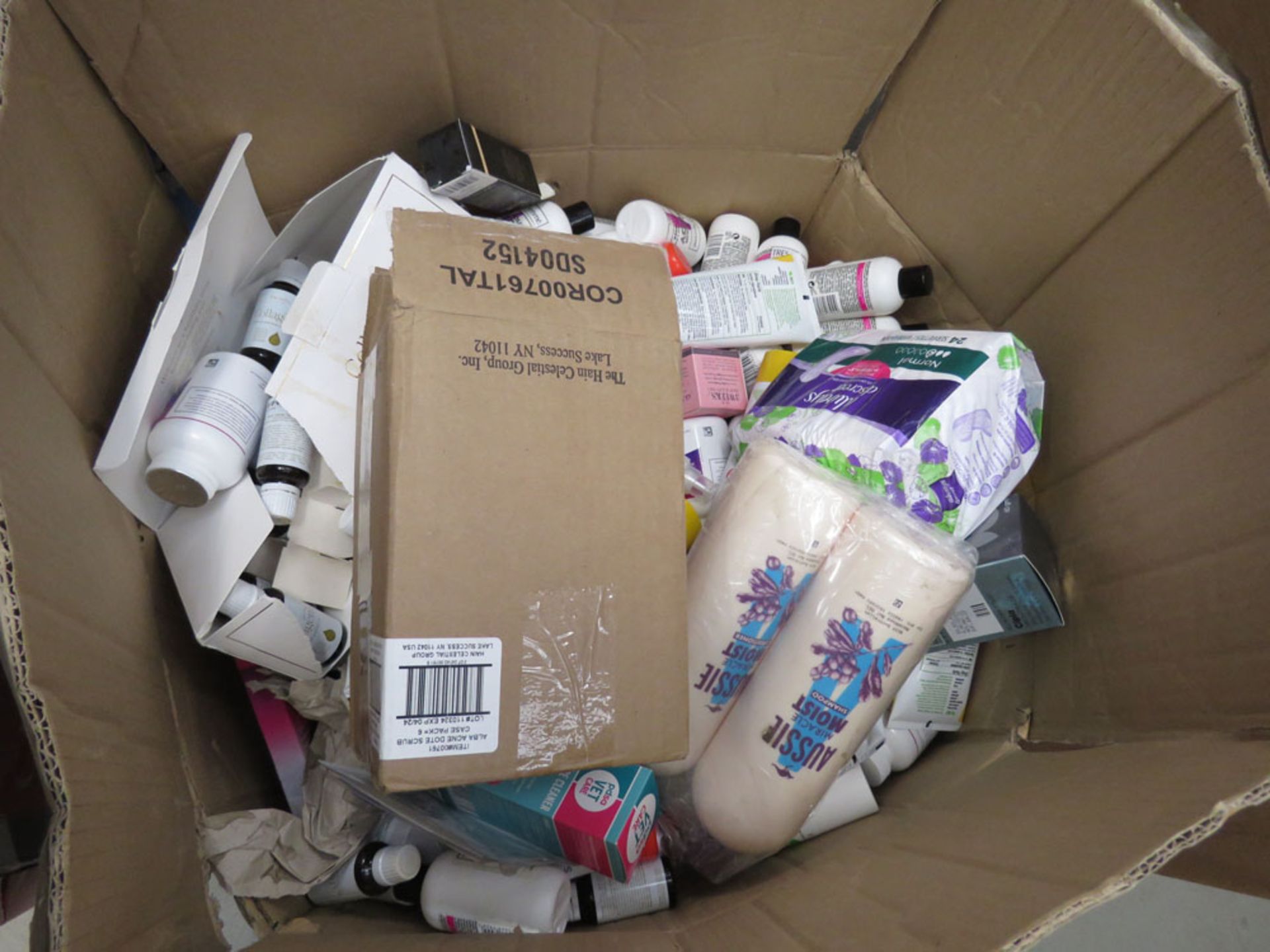 Large box of mixed toiletries, make up, etc