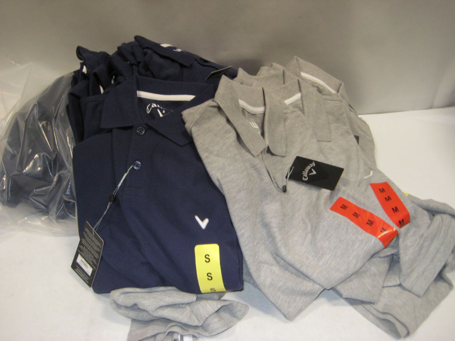 Bag containing approx. 24 Calloway polo shirts, sizes ranging from S to M in dark blue and grey