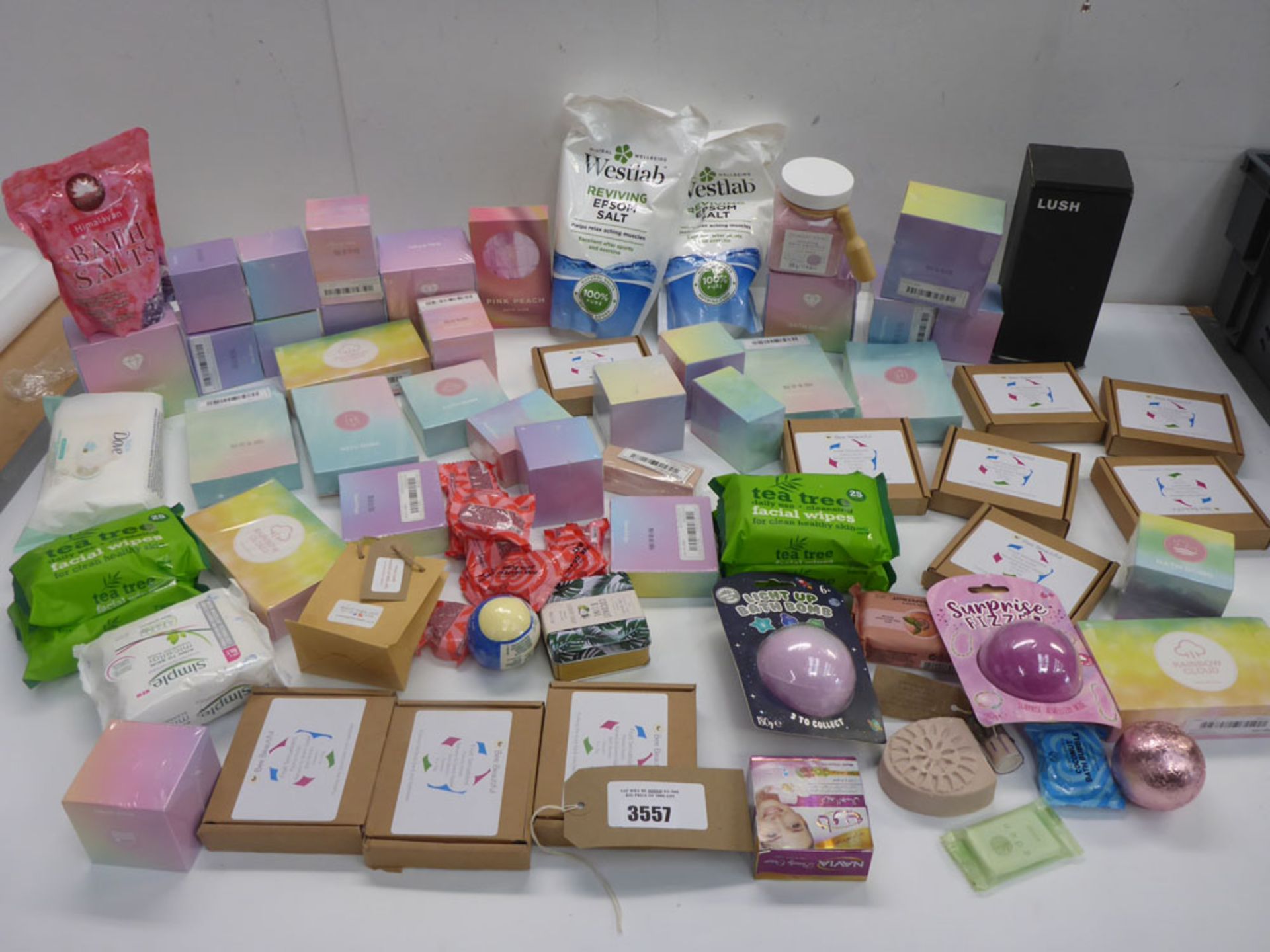 Large quantity of bath bombs, bars of soap, wet wipes and Epsom salts