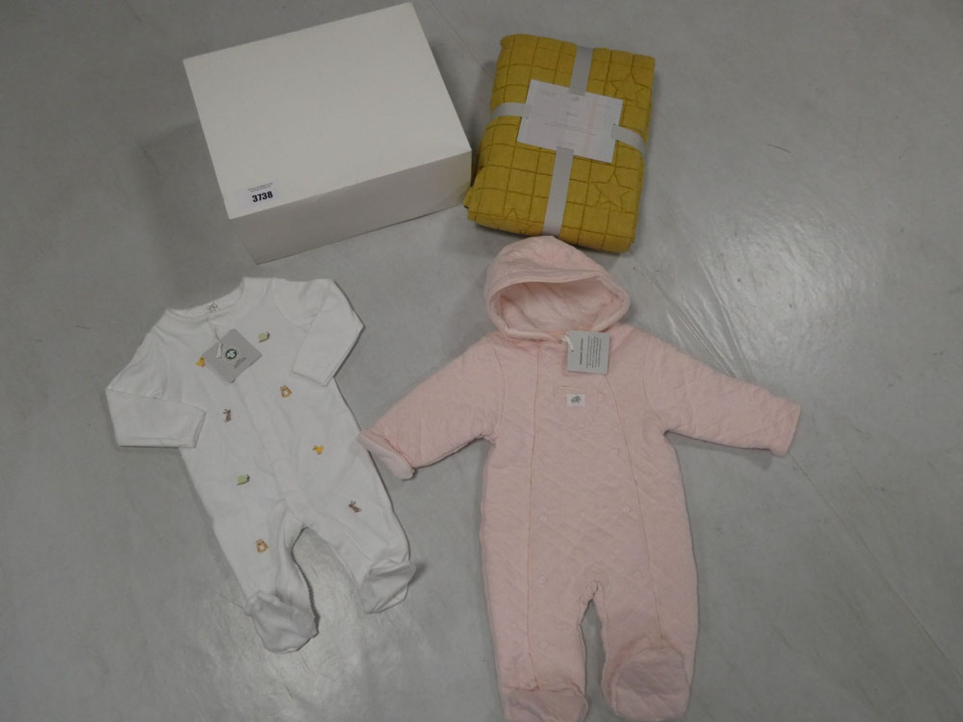 John Lewis baby gift box set to include quilt, sleepsuit and wadded sleepsuit ages o-3 and 3-6