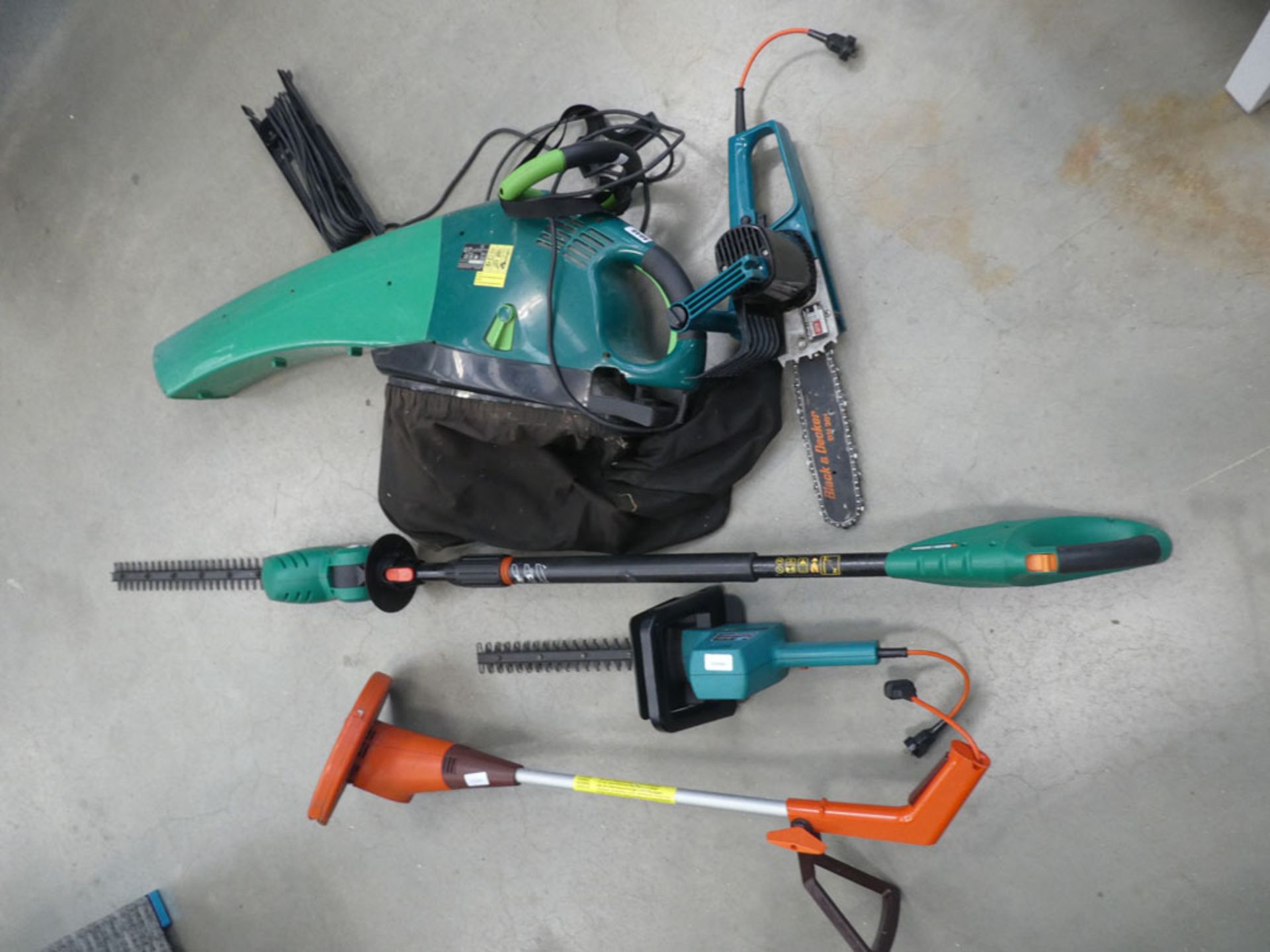 Qty of items including electric leaf blower, electric hedge cutter, electric strimmer, and an