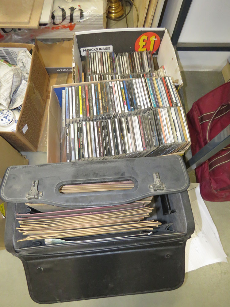 Bag and 2 boxes containing large quantity of CDs and vinyl records