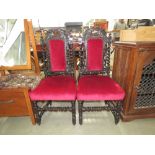 Pair of hall chairs with pink draylon fabric and barley twist supports