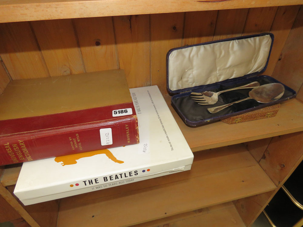 Universal English dictionary, The Beatles collectors set and a quantity of cutlery