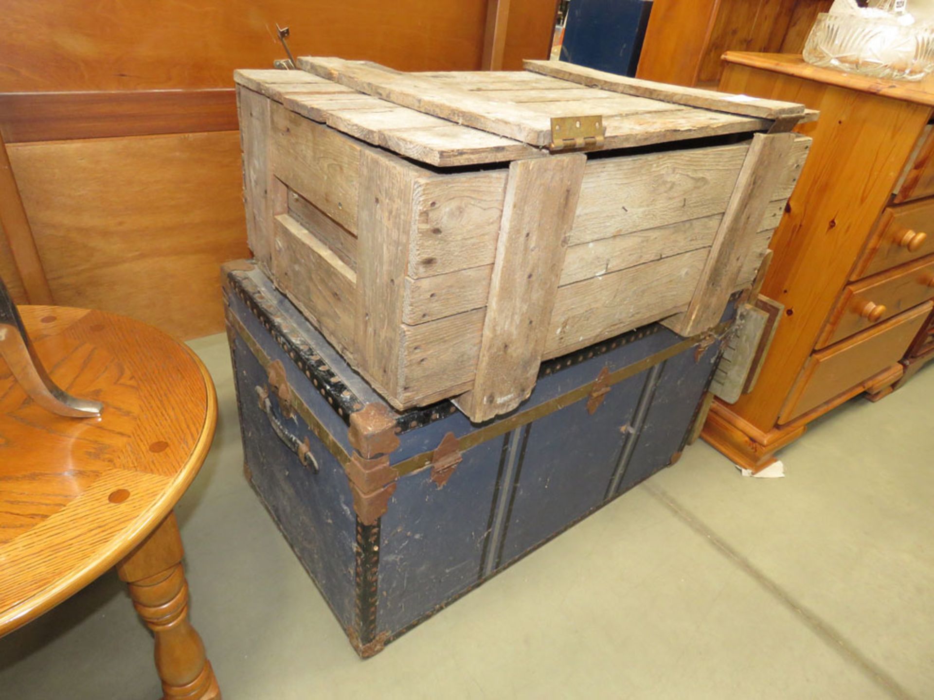 Vintage pine lidded box, a blue and metal banded trunk and a folding teak garden table