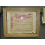 Framed and glazed stock certificate of Malayan plantations