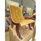 Gold coloured Draylon curved bedroom chair on darkwood scrolled supports