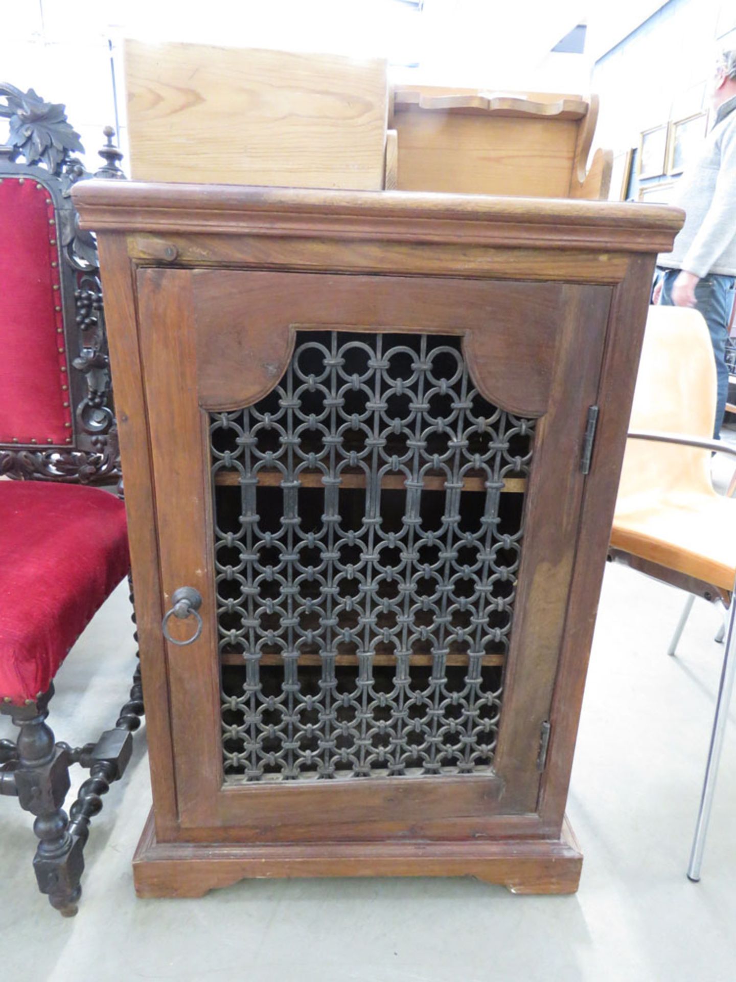 Dark wood single door cupboard with metal insert