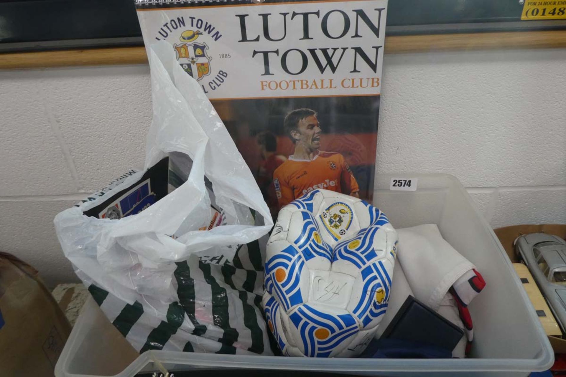 Box containing various Luton Town FC memorabilia inc. signed ball