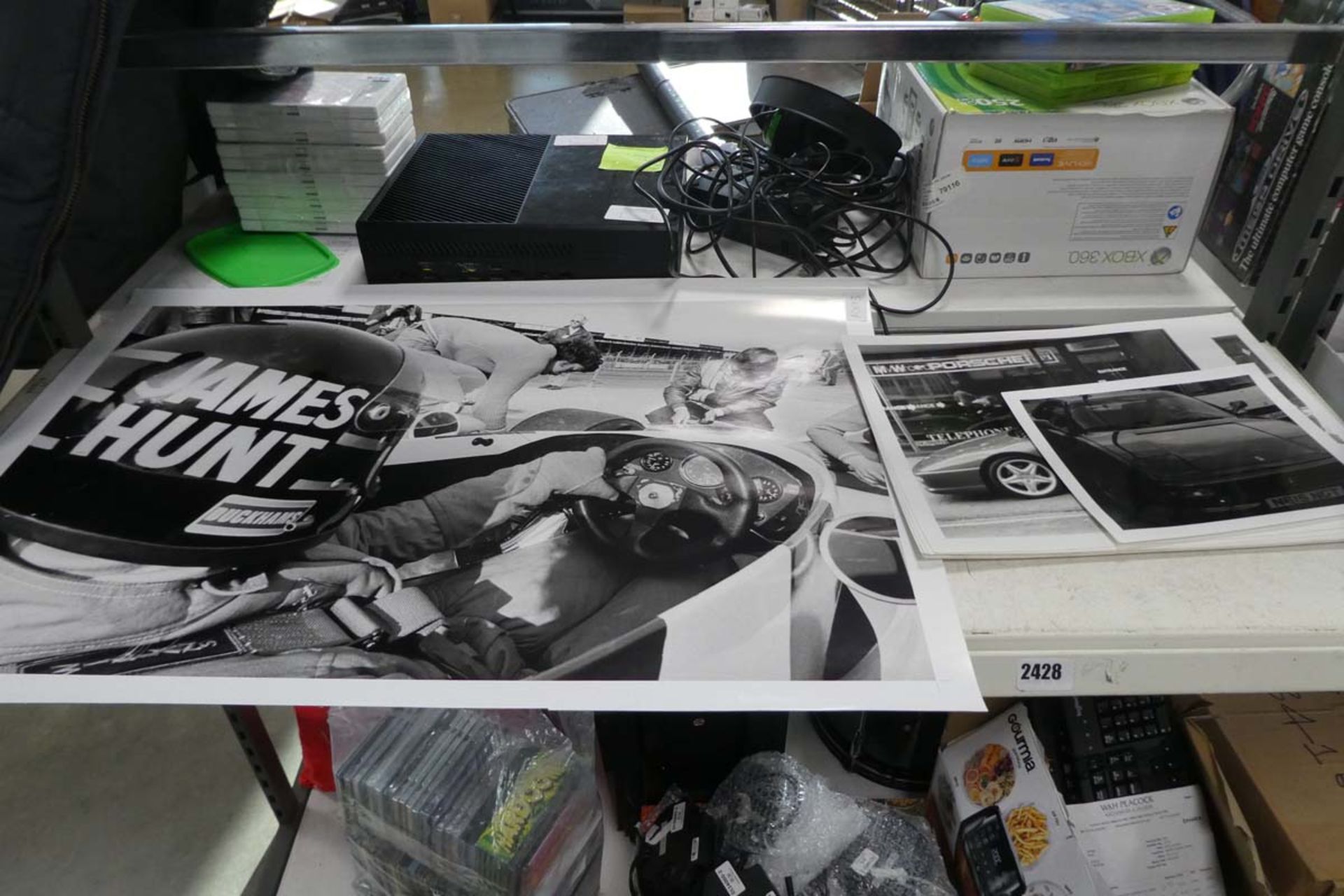 Selection of black and white car and other racing memorabilia photographs to include a large print
