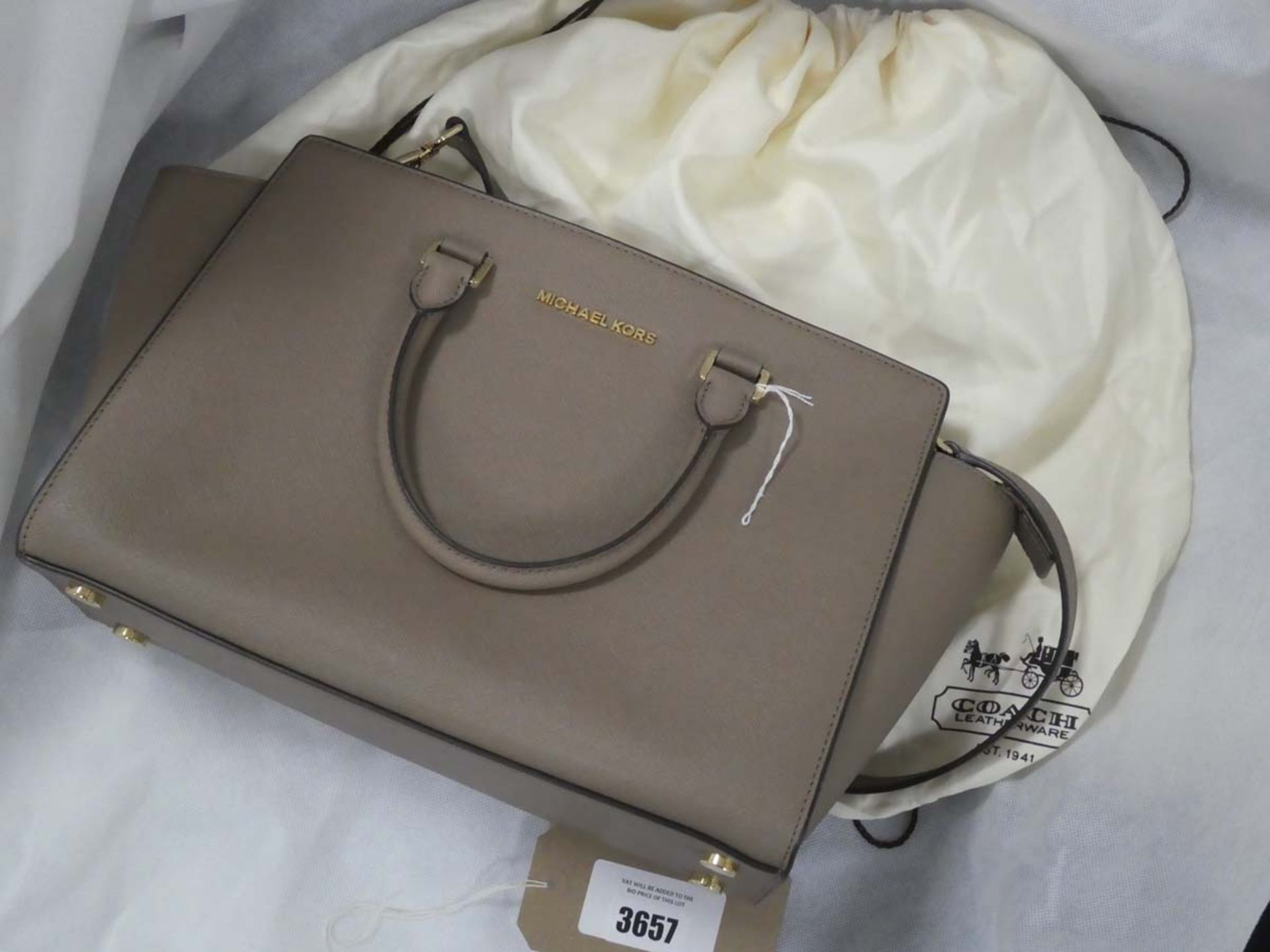 Michael Kors leather taupe handbag with dust bag (wrong dust bag ''coach'' dust bag)