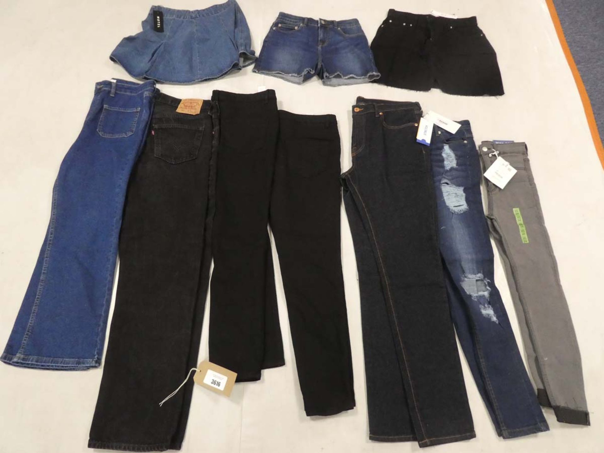 Selection of denim wear to include Levi, Motel, ASOS, etc