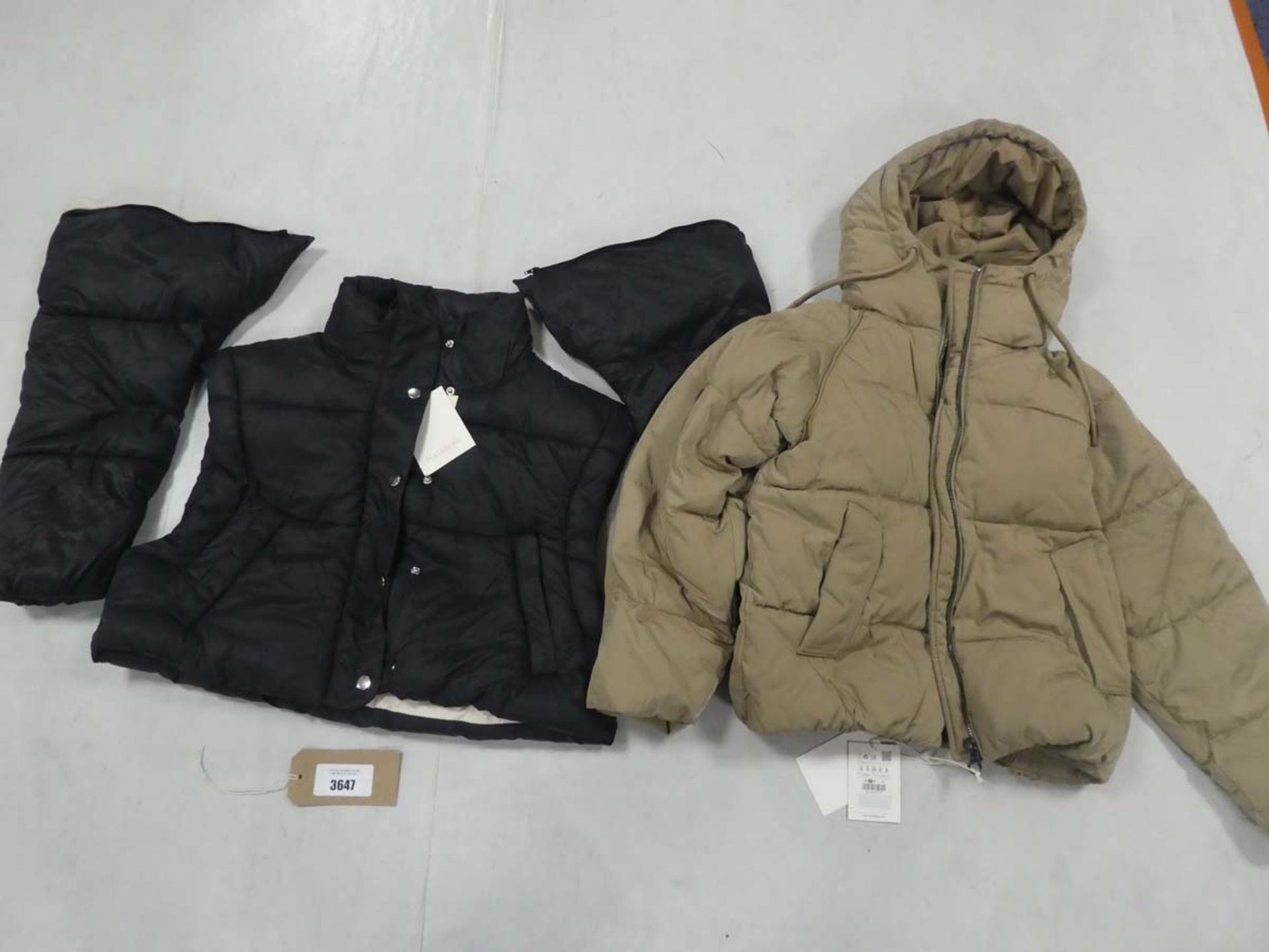 Pull & Bear gilet in black with detachable sleeves together with beige puffer jacket both size small