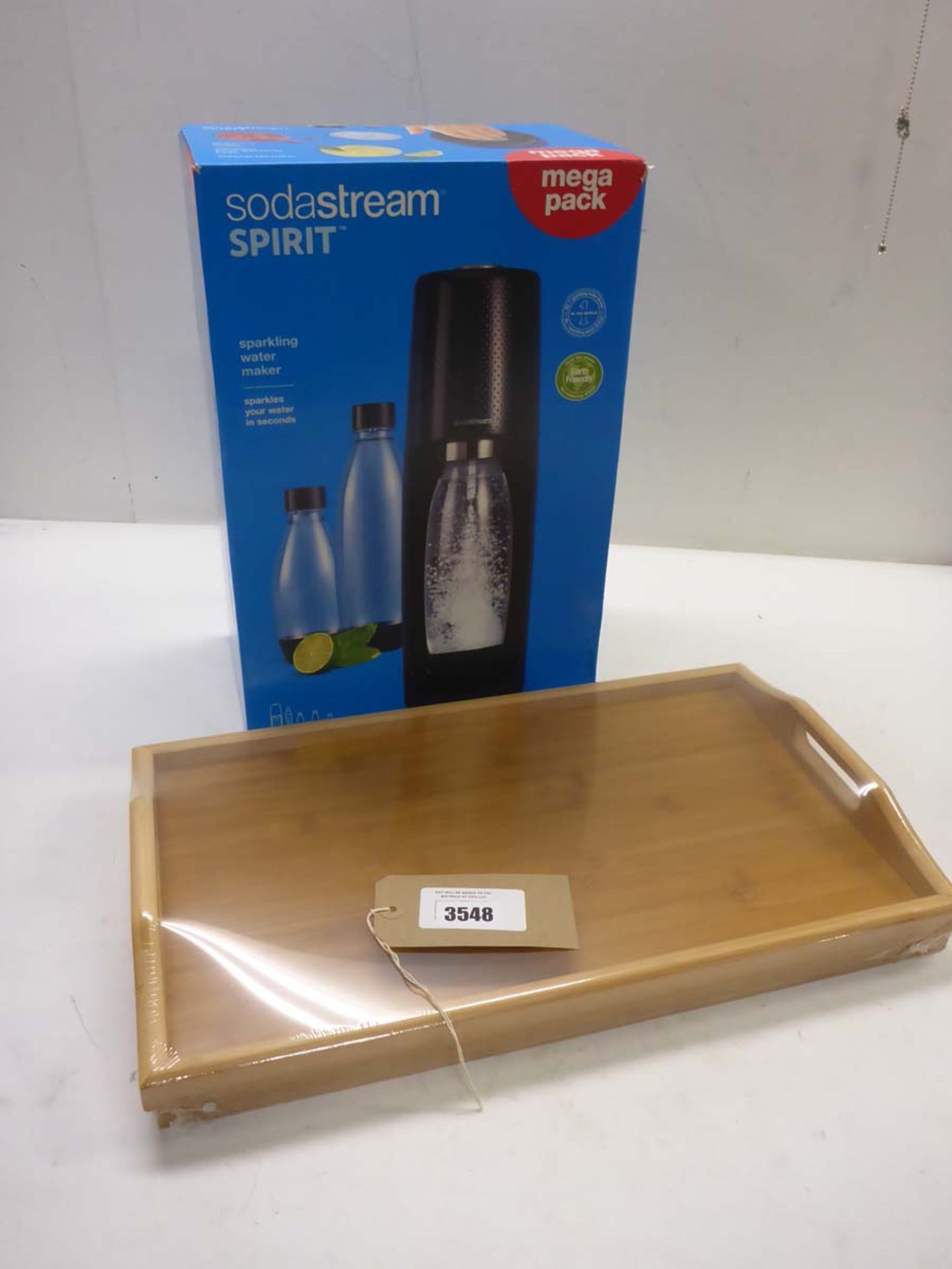Sodastream Spirit sparking water maker and bamboo fold up tray