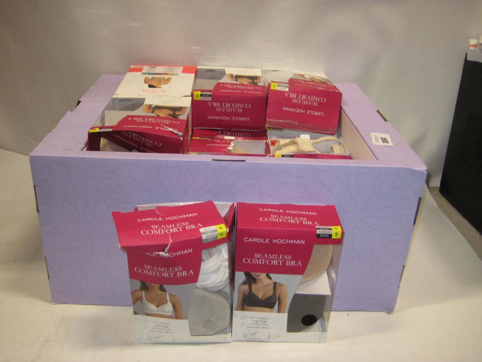 Box containing 24 packs of 2 Carol Hochman seamless comfy bras
