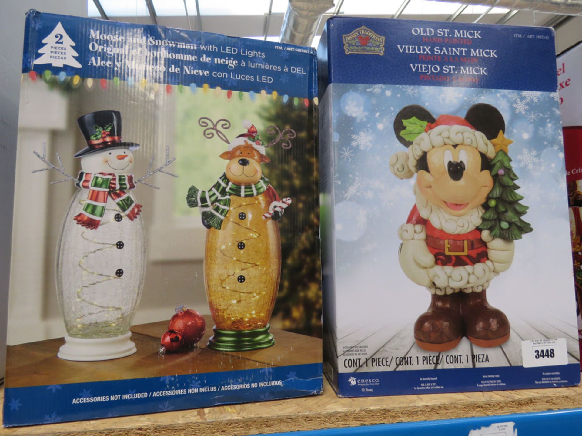 Old Saint Mickey hand painted decoration and Moose and Snowman LED light set