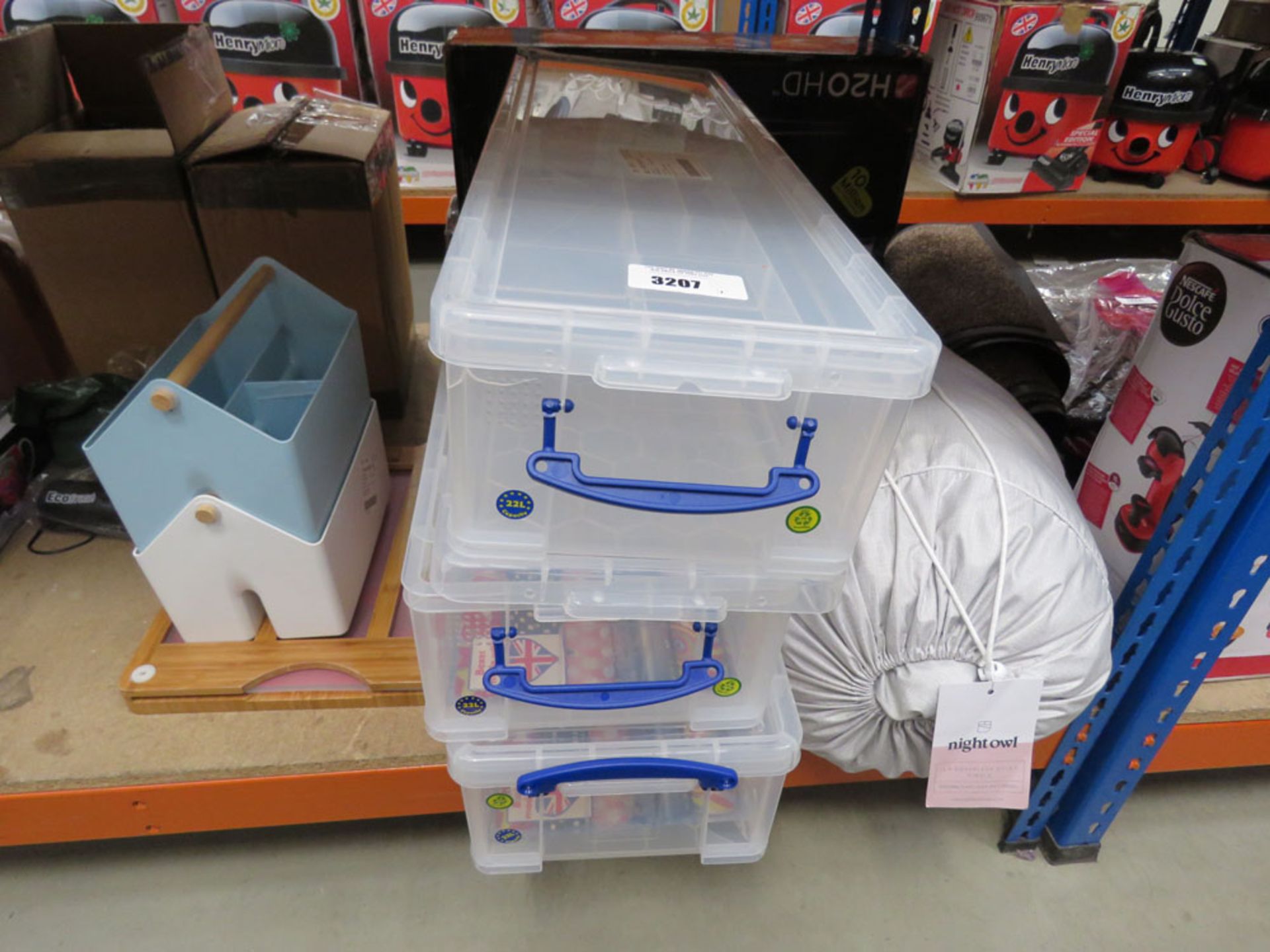 3 long storage boxes plus 2 small storage caddies, a chopping board and a Night Owl duvet