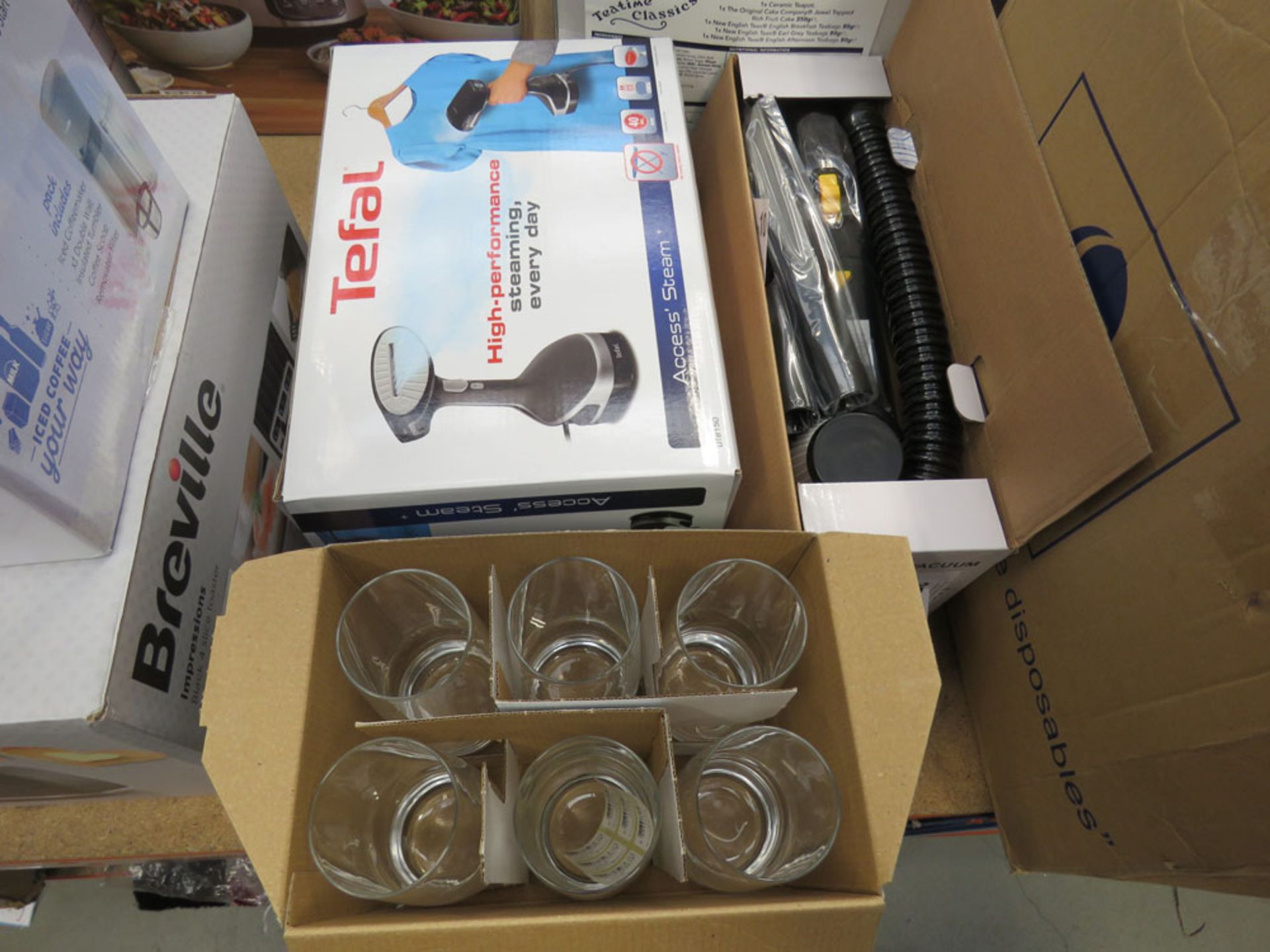 Handheld vacuum cleaner, Tefal everyday steamer plus a box of Chef & Sommelier glasses