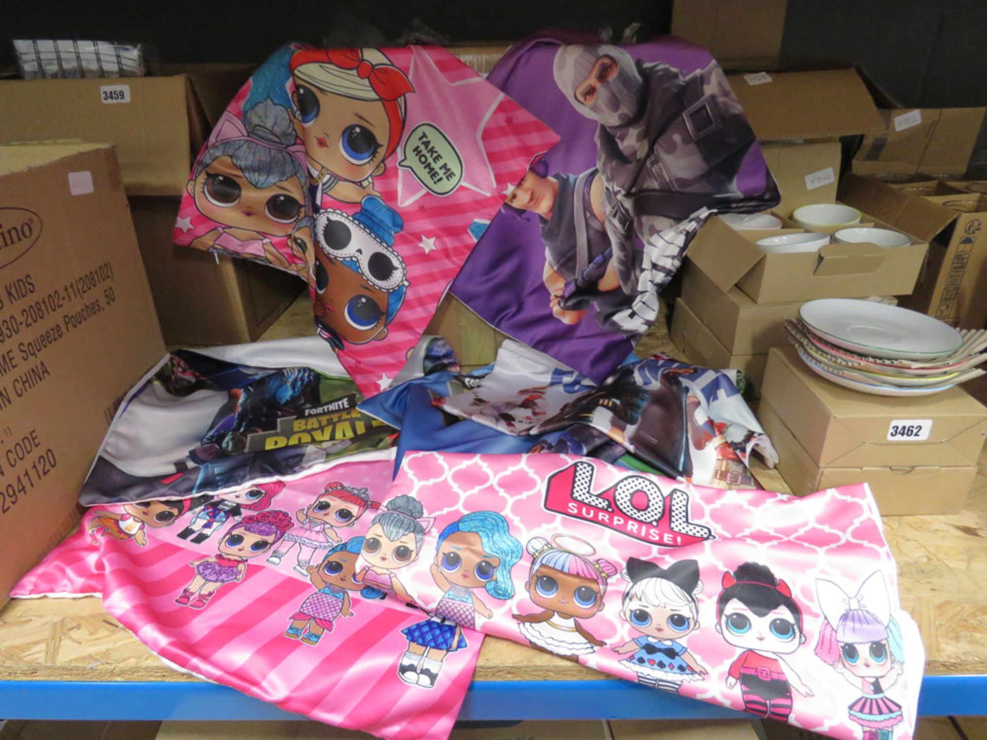 Box of approx. 140 Lol and Fortnite cushion covers