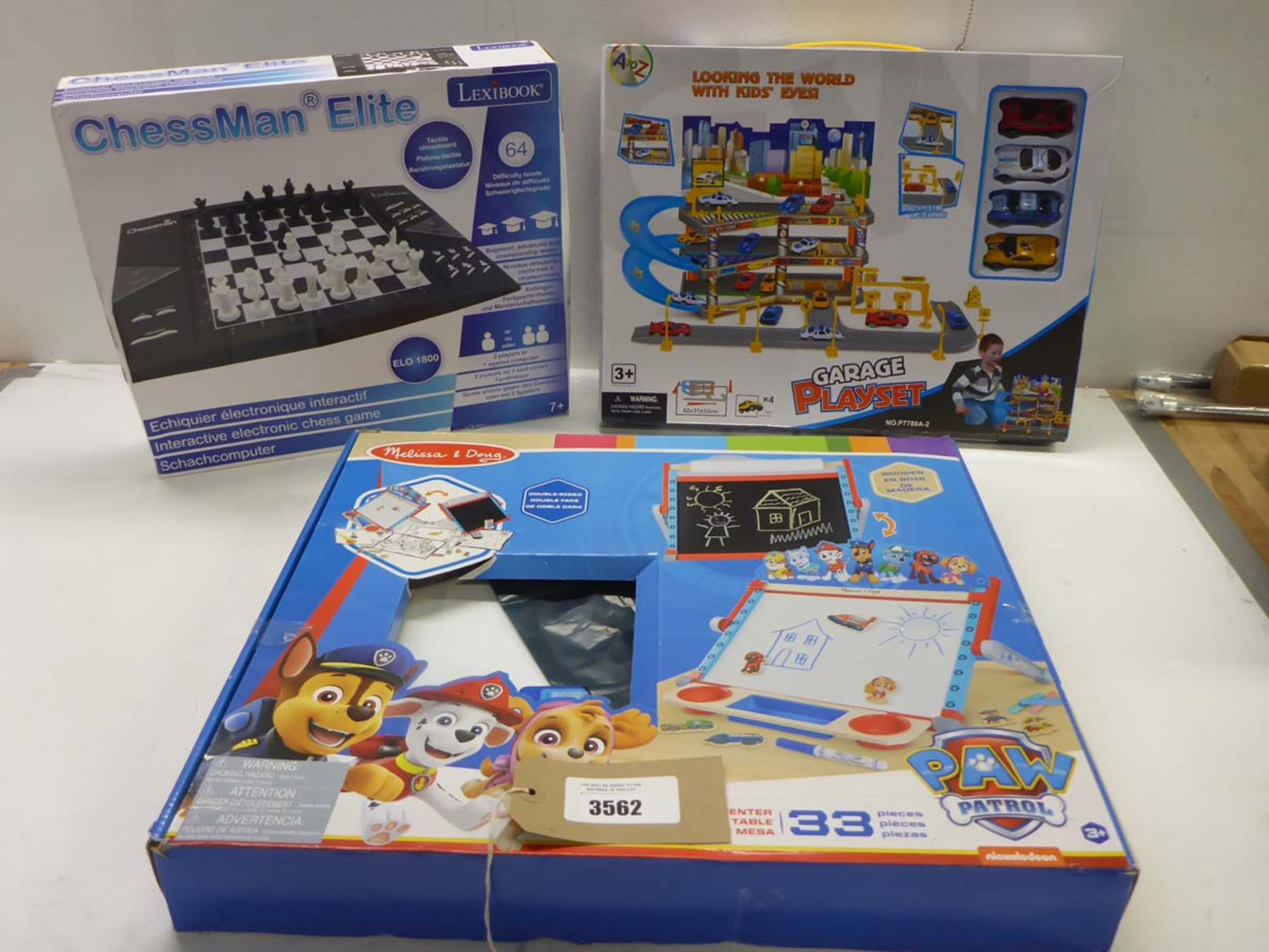 Melissa & Doug table top art centre, Chess Man Elite set and Toy garage playset