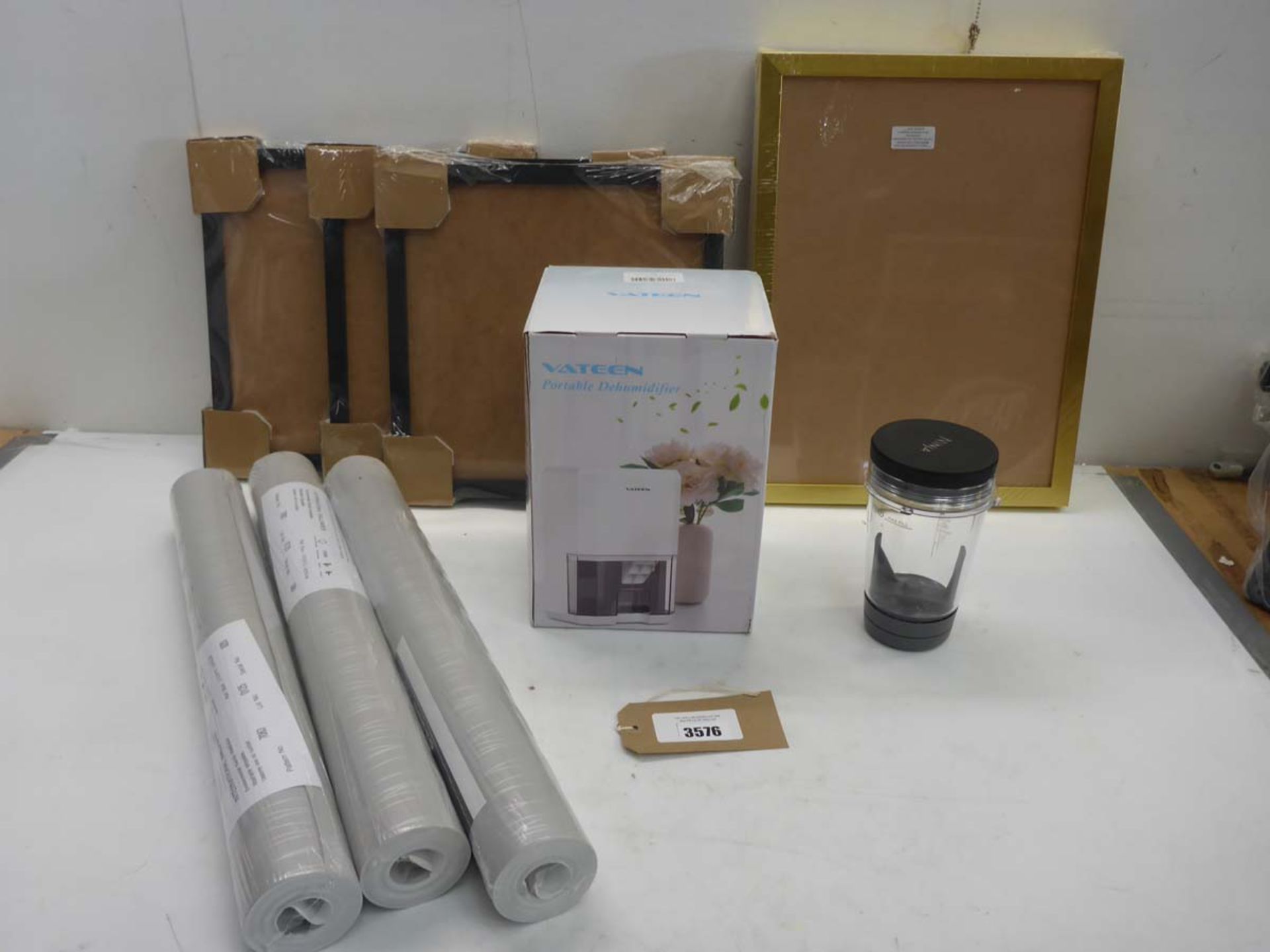 Ninja blender part, Portable dehumidifier, 3 rolls grey & silver wallpaper and 6 picture frames