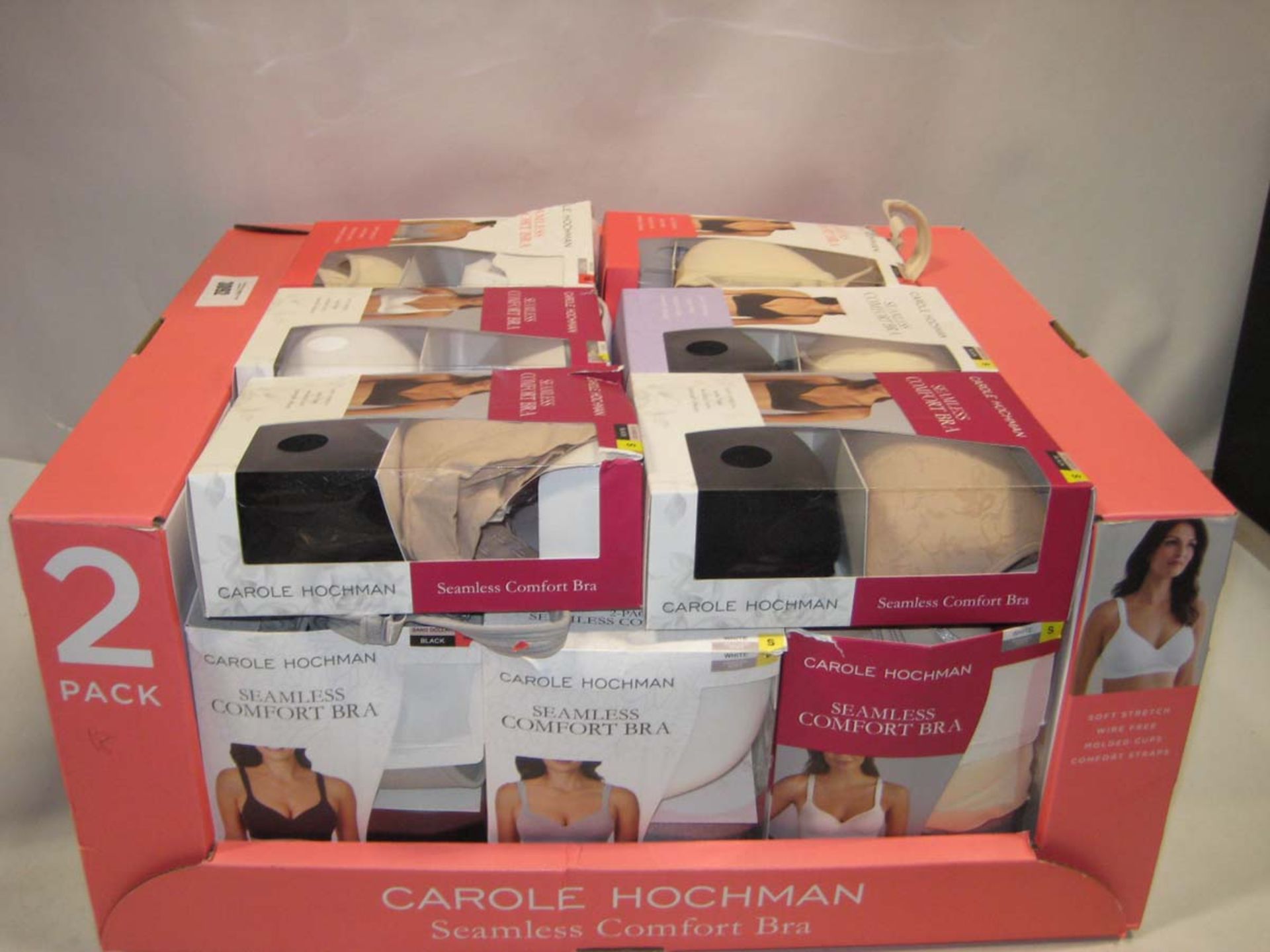 Box containing 24 packs of 2 Carol Hochman seamless comfy bras