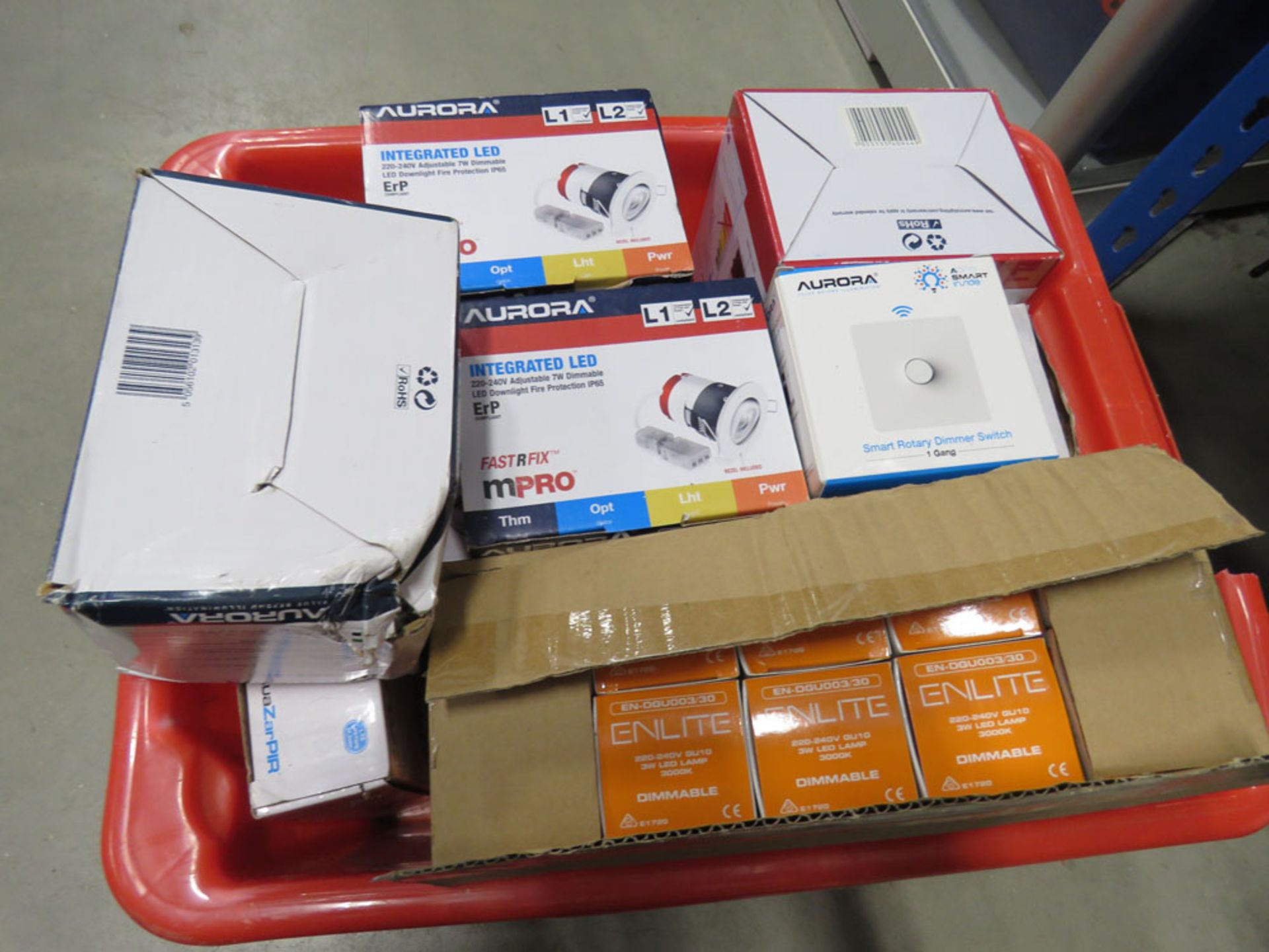 Box of various integrated LED lighting, bulbs etc.