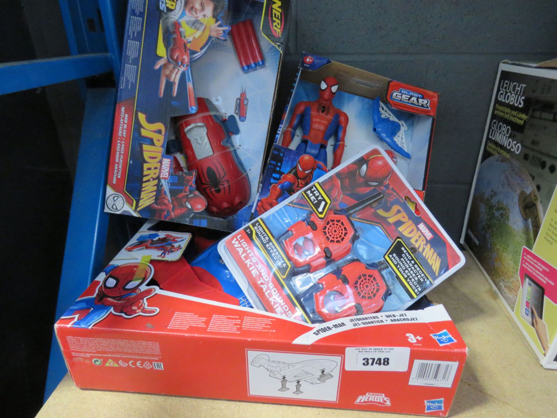 Spiderman figure and web blast, walkie talkies, and jet