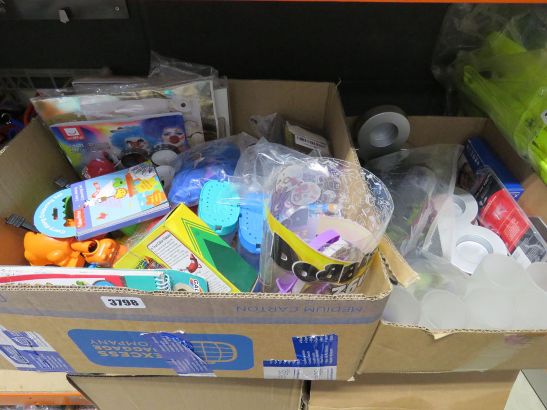 Box of various toys and box of housewares