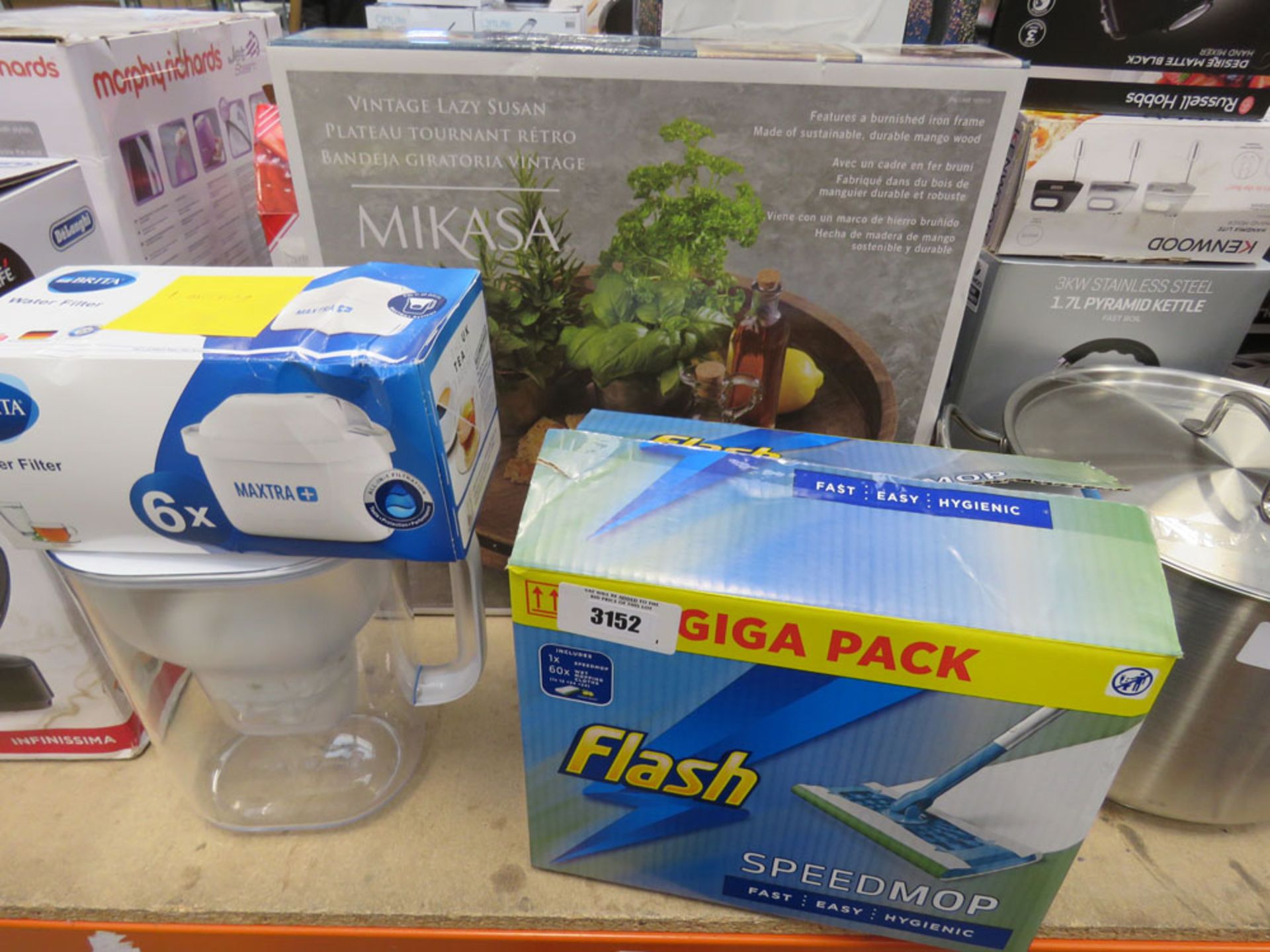 Flash speed mop wipes, Brita water filter with cartridges and vintage lazy susan
