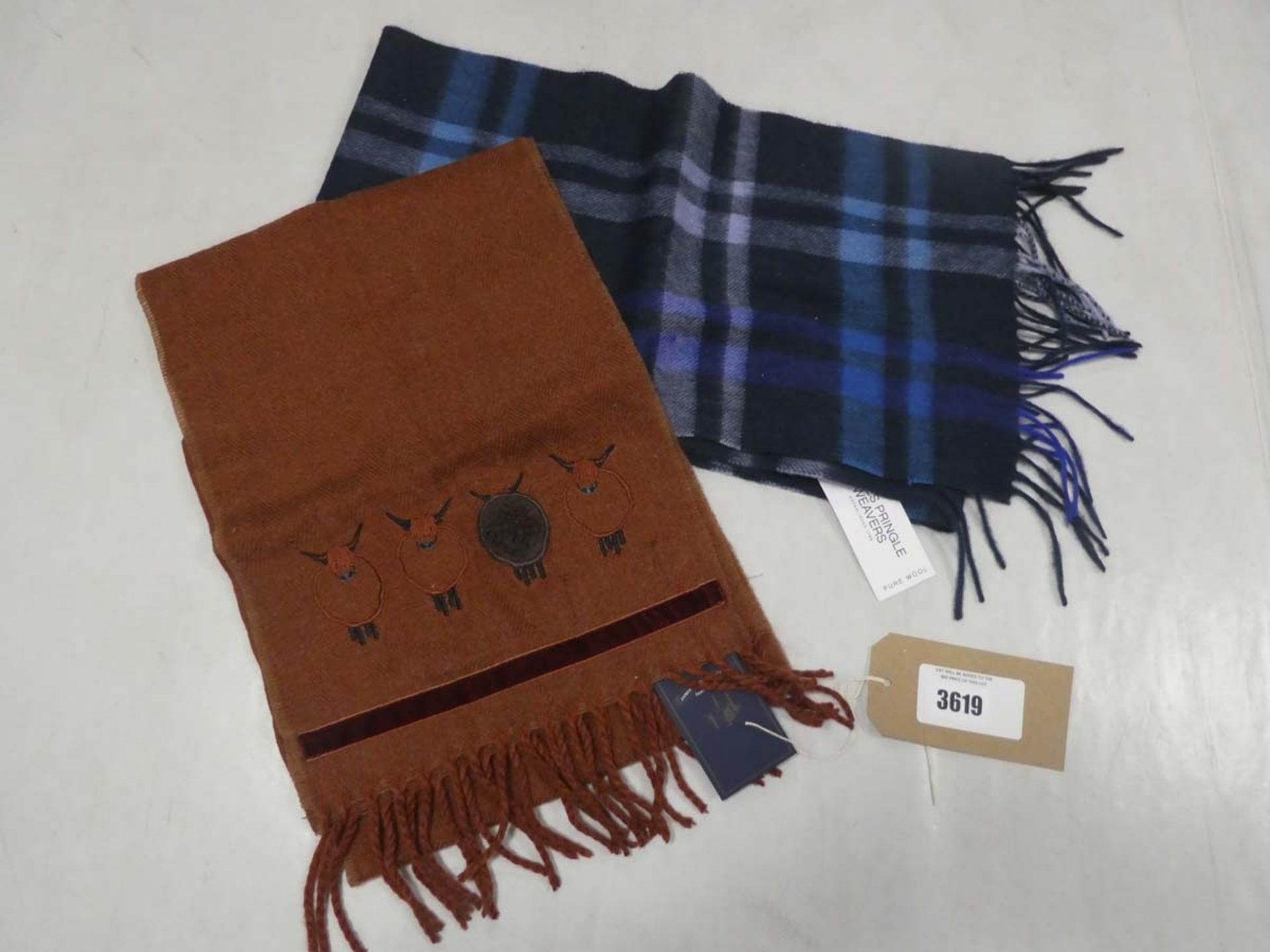 2 James Pringle Weavers scarfs to include highland cow design & blue tartan print