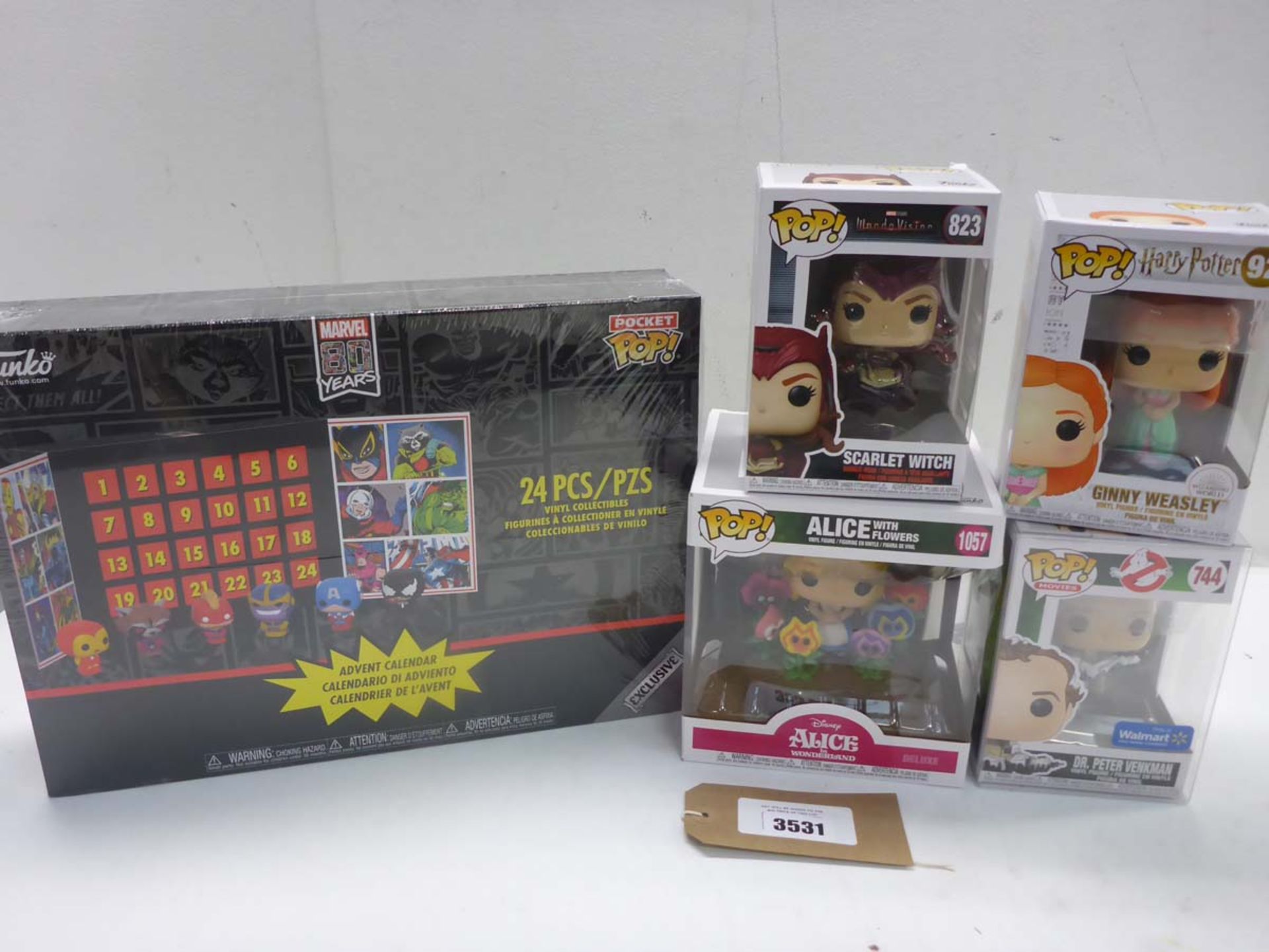 Pop! collectable figures comprising Alice in Wonderland, Dr Veikman, Scarlet Witch & Ginny Weasley