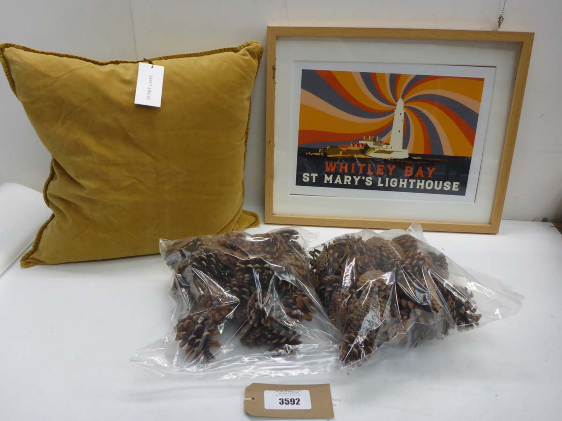 Whitley Bay Lighthouse framed print, Busby & Fox cushion and 2 bags pine cones