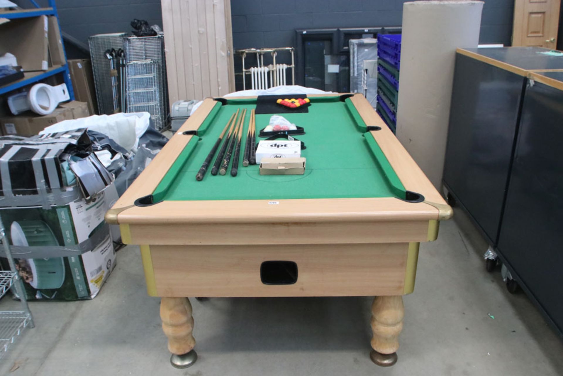 Large coin operated pool table complete with trolley wheels, cues, balls and keys